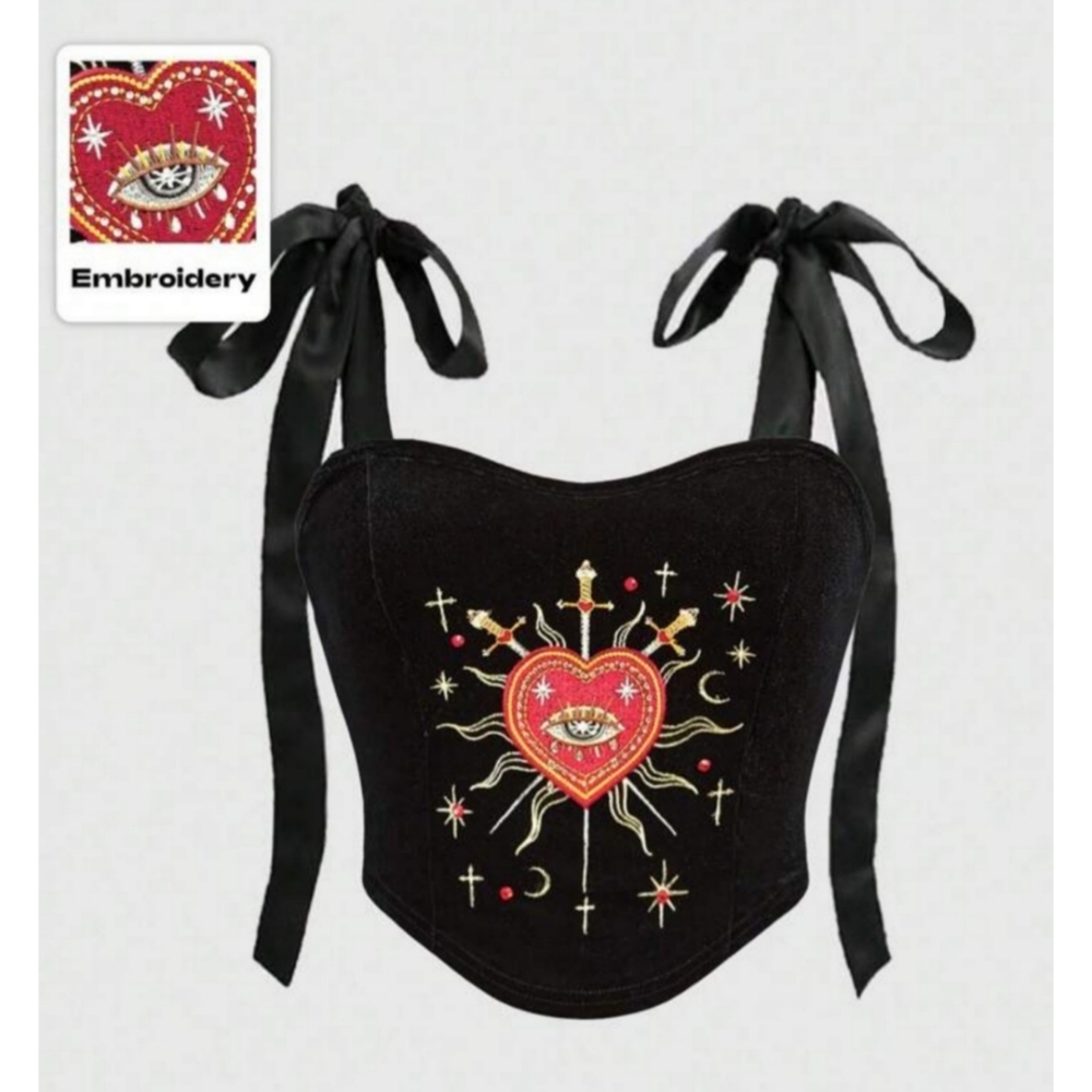 ROMWE | Gothic Lolita Black Embroidered Heart Corset Camisole Crop Top - Picture 5 of 10